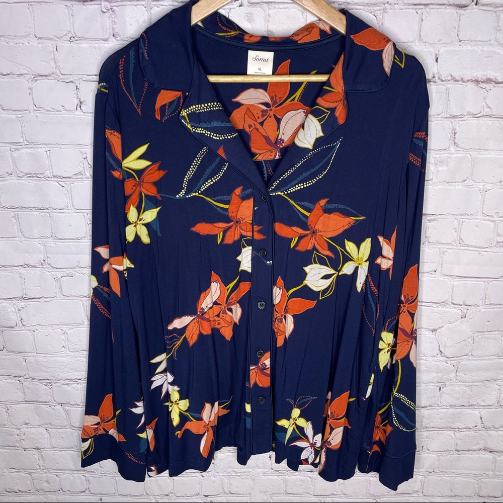 Soma Navy Floral Button-Front Pajama Top - Orange & Yellow Floral Print